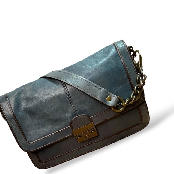 FOSSIL ‘LONG LIVE VINTAGE’ Leather Denim Blue Shoulder Flap Bag Removable Strap - Picture 3 of 11